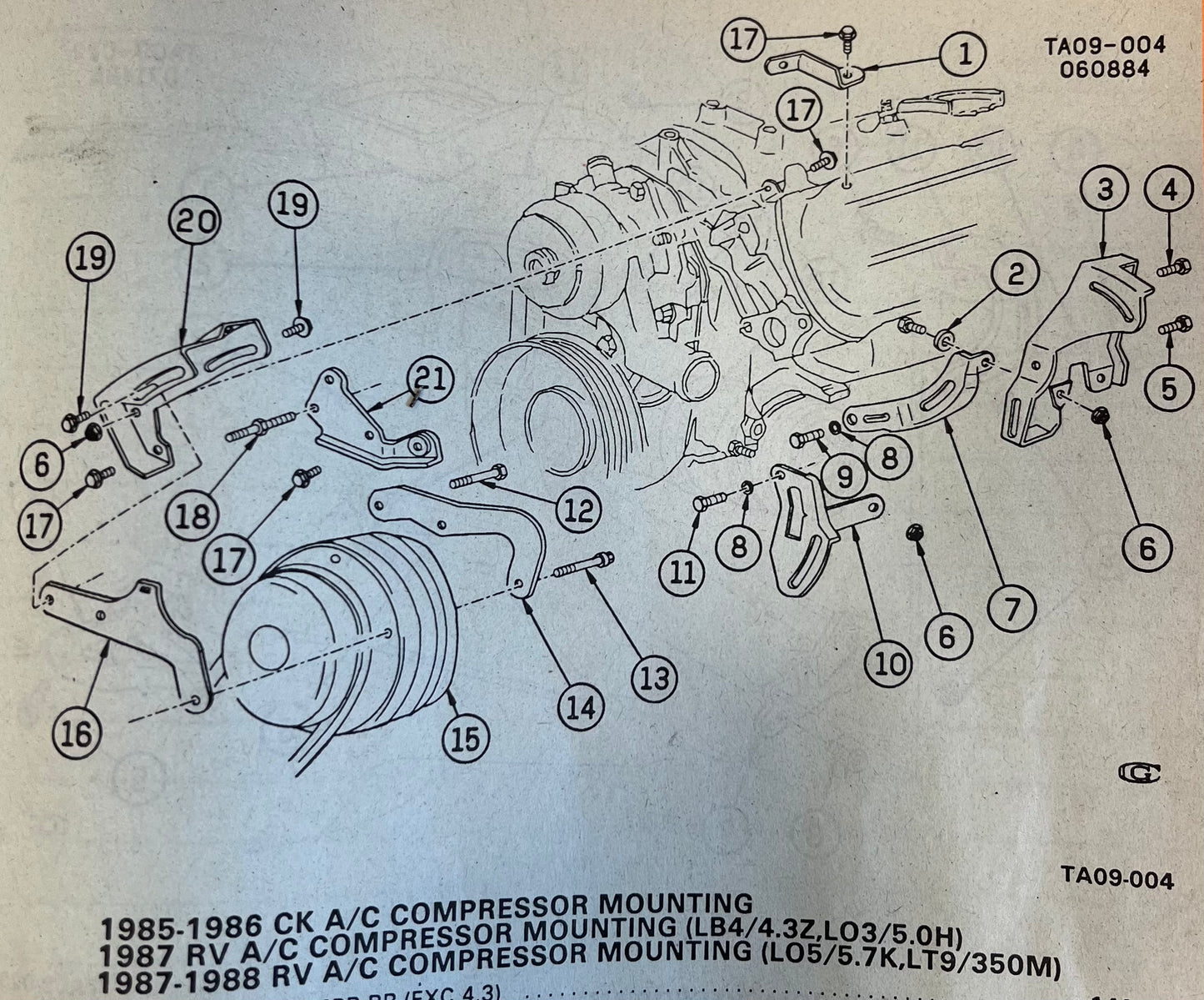 2: Bracket Set, Air Conditioning (AC) Compressor Mount Bracket Set with Attachment Bolts R-4 Pancake Style 1985-1988